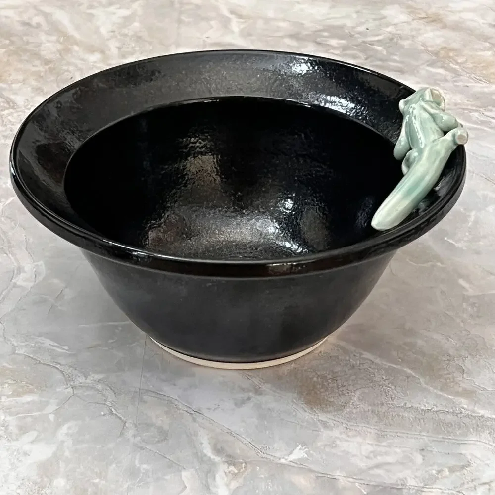 Handmade Black Ceramic Serving Bowl With Reactive Glaze & Green Lizard On Rim